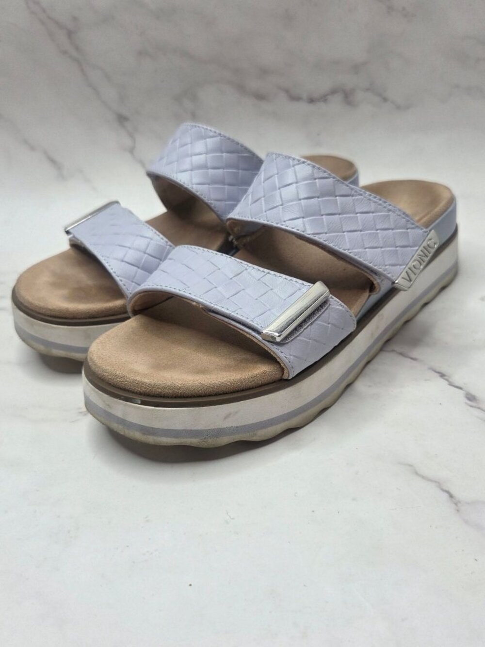 Vionic Brandi Platform Slip-On Slide Sandals Light Blue Leather Women's 6.5